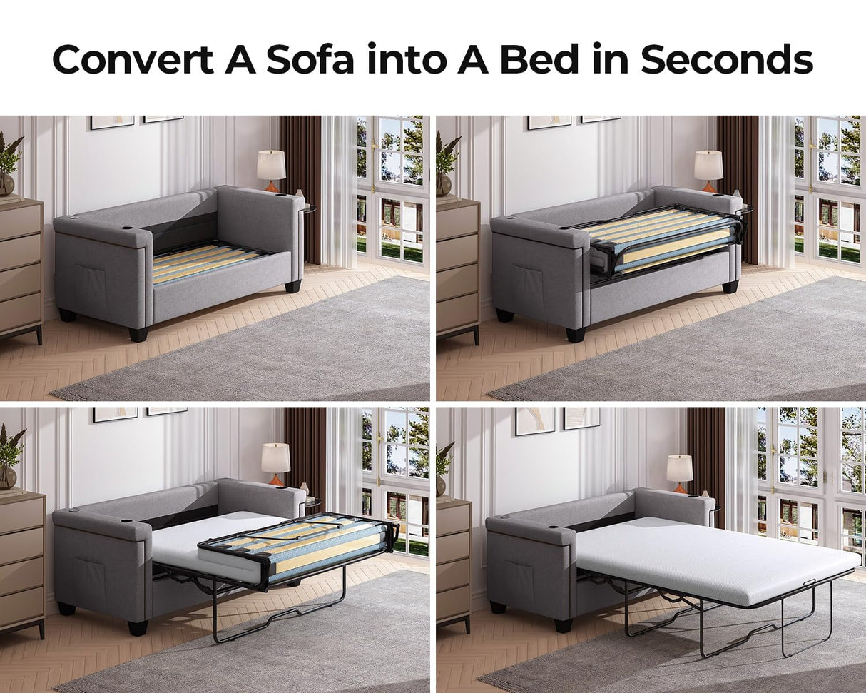 Fadware Pull Out Sofa Bed, Full Size Sleeper Sofa Couch with Memory Foam Mattress, 2 in 1 Convertible Pullout Couch Bed with USB Charging Ports for Compact Living Space, Apartment, Office, Grey Fadware