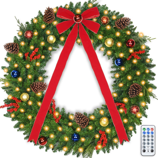 48 Inch Large Christmas Wreath with USB Powered 200 Lights,Pre-Lit Outdoor Christmas Wreath with Red Bow, Ornament Balls and Timer Remote Control,Christmas Door Wreath for Garage Porch Roof Front Door