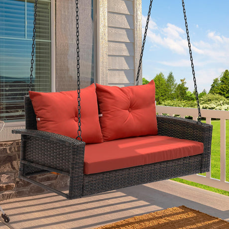 YITAHOME Wicker Hanging Porch Swing Chair Outdoor Brown Rattan Patio Swing Lounge w/ 2 Back Cushions Capacity 530lbs for Garden, Balcony, Living Room, Red YITAHOME