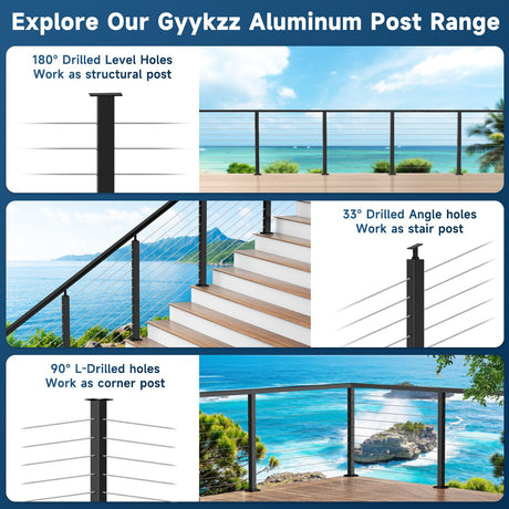 Gyykzz 36" Aluminum Cable Railing Stair Post Perfect for Coastal Projects, 33° Drilled Stair Wire Deck Post for 28-38 Degrees Stair, Black Coating Stair Post for Cable Railing System Outdoor Seaside Gyykzz