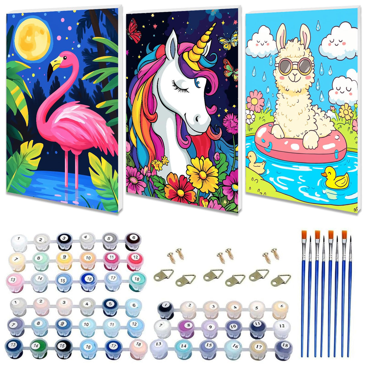 cviokrdu 3 Pack Framed Paint by Numbers Kit for Kids Ages 8-12, Animal Paint by Number for Beginners, DIY Easy Alpaca Flamingo Acrylic Oil Painting Kits on Canvas for Home Wall Decor (8x12 inch) cviokrdu