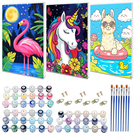 cviokrdu 3 Pack Framed Paint by Numbers Kit for Kids Ages 8-12, Animal Paint by Number for Beginners, DIY Easy Alpaca Flamingo Acrylic Oil Painting Kits on Canvas for Home Wall Decor (8x12 inch) cviokrdu