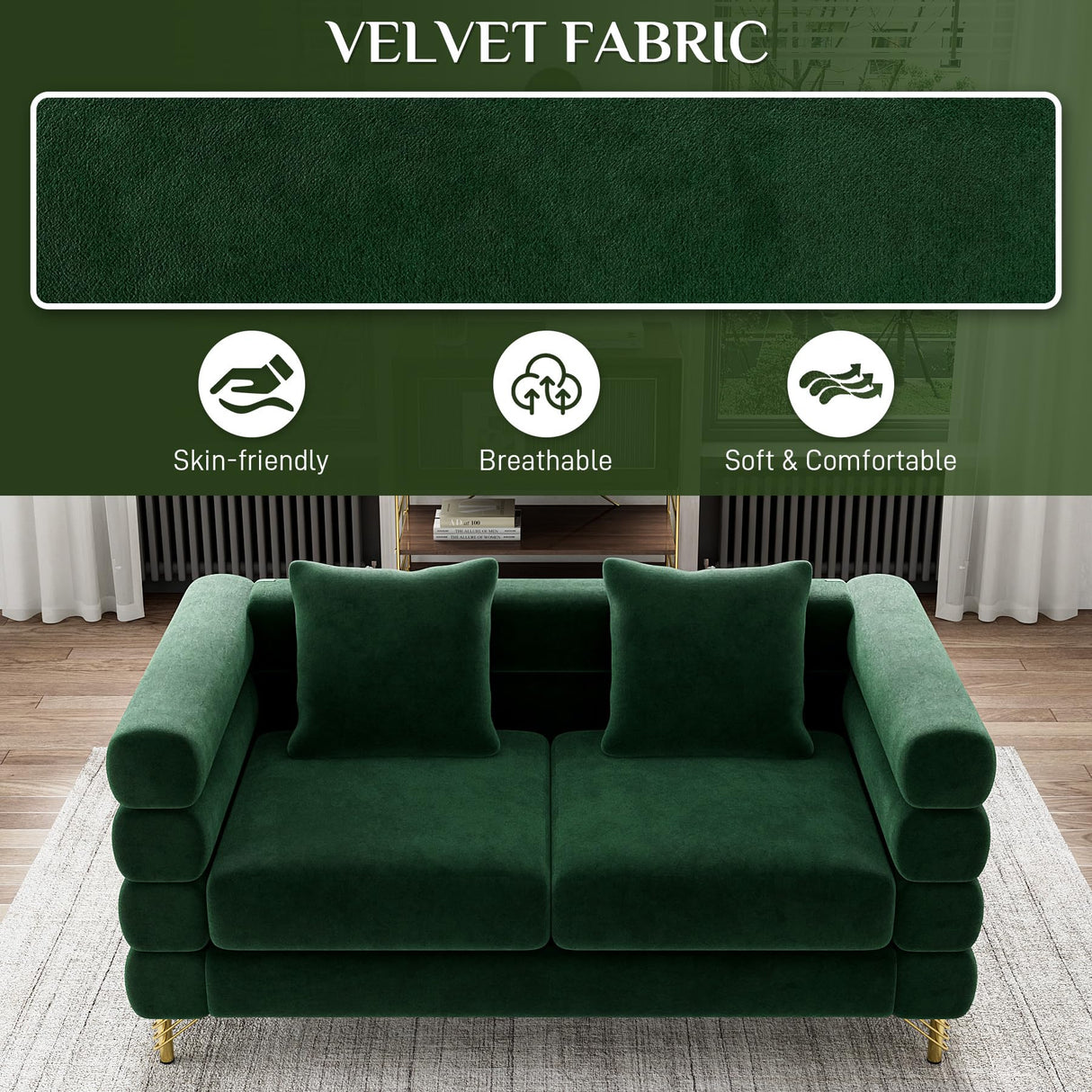 Wrofly Cloud Couch for Living Room, 59" Modern Overstuffed Deep Seat Velvet Loveseat Sofa with 2 Pillows, Comfy Upholstered 2 Seater Love Seat for Bedroom Office, Emerald Green Velvet Wrofly