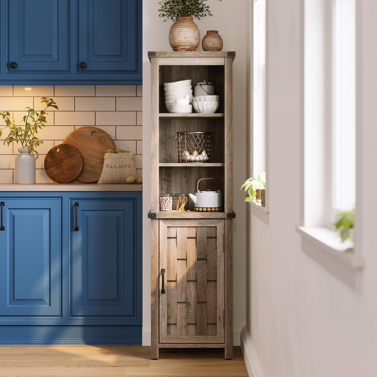 LINSY HOME Bathroom Storage Cabinet, Farmhouse Narrow Storage Cabinet with Door & Adjustable Shelves, Tall Linen Tower for Bathroom, Living Room, Light Brown LINSY HOME