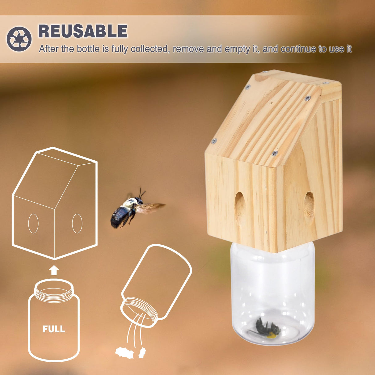 Best Bee Trap - Carpenter Bee Trap for Outside - Shed Style Nature Hanging Wood Trap for Outdoor with Removable Bee Vault Plastic Jar (2 Pack) Best Bee Trap