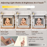 IRONCK Farmhouse Makeup Vanity Desk with Sliding Mirror and Lights,41" W Vanity Desk with Glass Tabletop&Charging Station &Drawers, Rustic Big Vanity Set for Bedroom, Stool Included, White/Walnut IRONCK