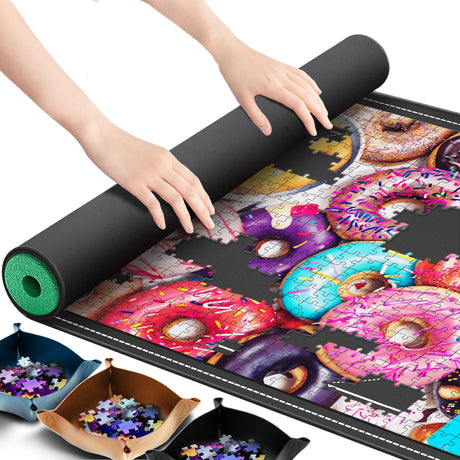 Lwoeo Jigsaw Puzzle Mat Roll Up, No Creases 49.2” x 35” Rubber Saver Pad Up to 3000 Pieces, Black Large Puzzel Matte Rollup with 6 Sorting Trays & 1 Storage Bag. Ideal for Holiday and Birthday Lwoeo