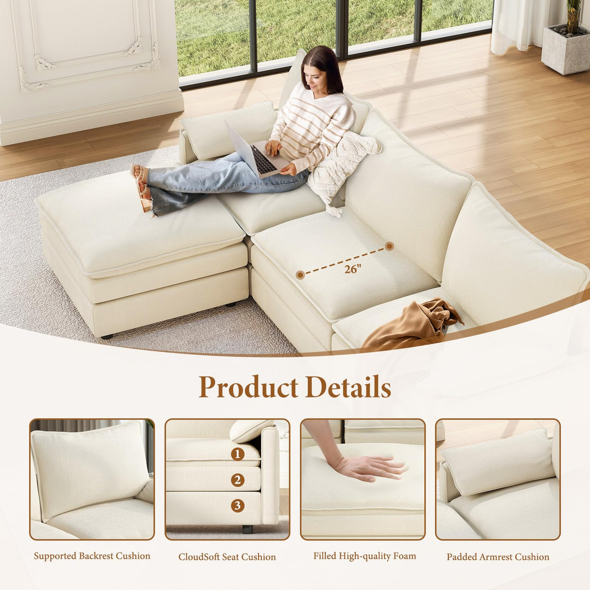 Vesgantti 108" Modular Sectional Sofa, Comfy Cloud Couch with Movable Ottoman Deep Seat Chenille L Shaped Modular Sofa, Sectional Couches for Living Room, Bedroom and Apartment, Beige Vesgantti