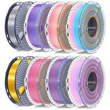 SUNLU Silk PLA+ Filament 1.75mm Multicolor 250gx8, Silky Glossy PLA Plus 3D Printer Filament Bundle, 6 Rainbow Series+Gold+Silver YOOPAI