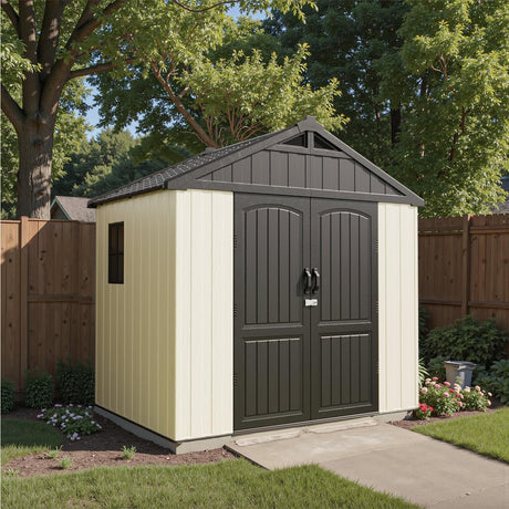 Patiowell 8 x 6 FT Resin Outdoor Storage Shed with Floor, Large Shed with Light and Lockable Door for Garden, Backyard, Tool Storage Use, Easy to Install in Beige (Kick-it Shed) Patiowell
