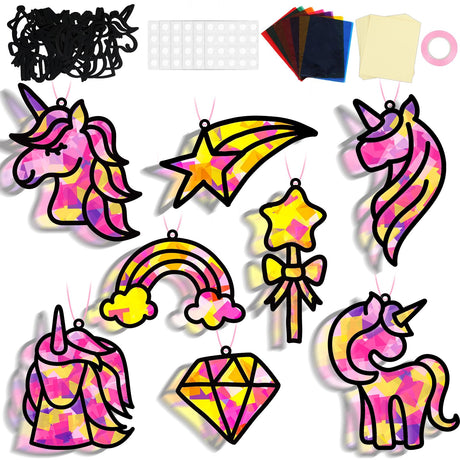 QOUBAI 32 Sets Unicorn Rainbow Suncatchers Craft Kit DIY Window Stained Glass Effect Diamond Star bow Paper Crafts Home School Classroom Decoration Kid Birthday Gift Creative Art Project Activity Game QOUBAI