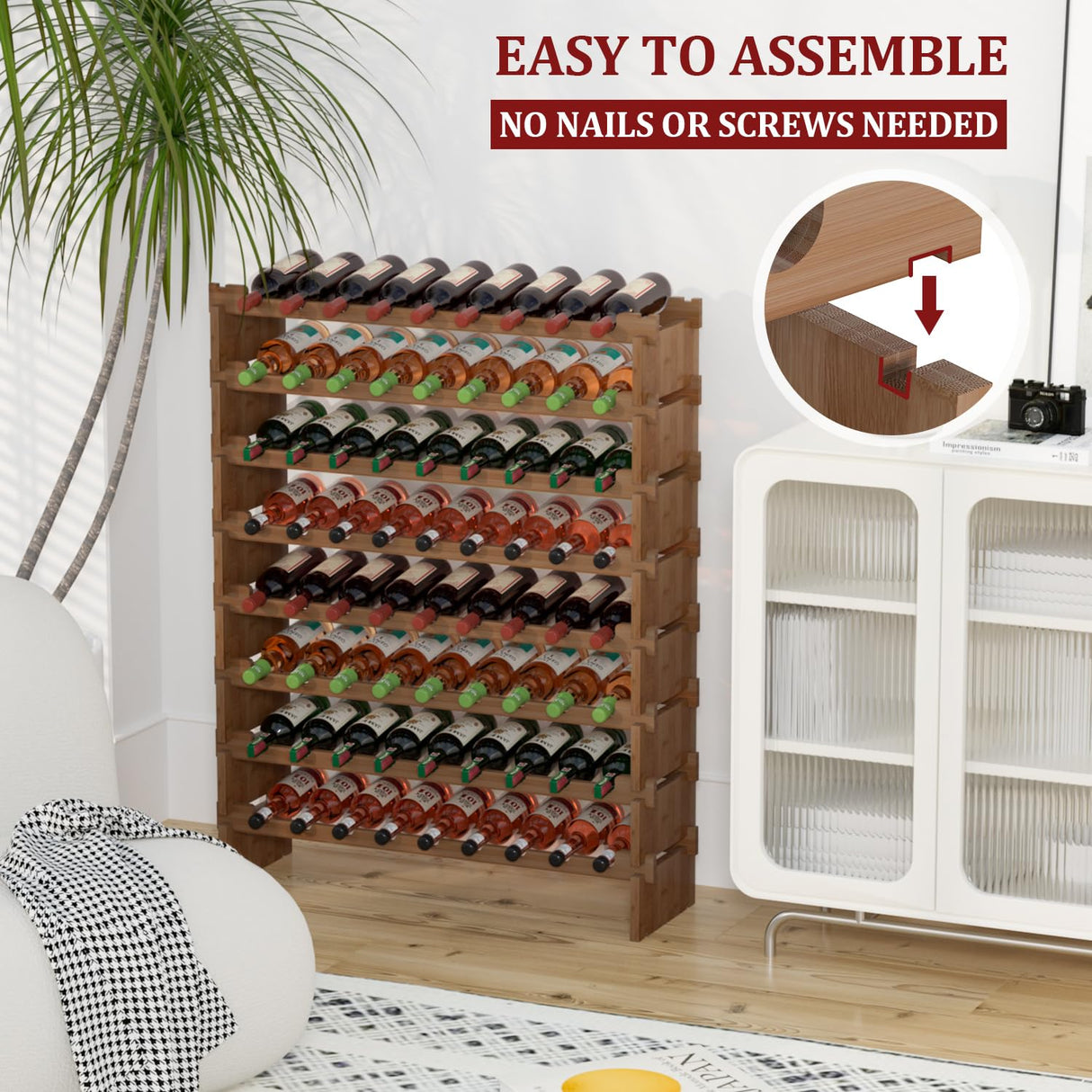 Domax Wine Rack Freestanding Floor - 8 Tiers Wine Bottle Holder 72 Bottle Stackable Wine Rack， Bamboo Wine Holder Wine Storage Racks for Kitchen, Domax