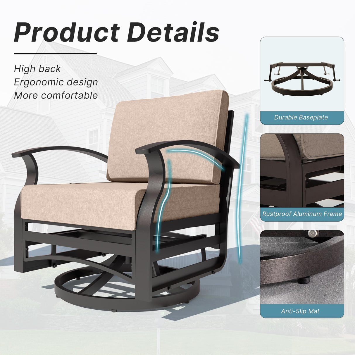 Kurapika 3 Pieces Patio Furniture Set, Outdoor Aluminum Swivel Gliders Rocker, Patio Bistro Set Rocking Chair with Tempered Glass Side Table and Thickened Cushions for Porch Garden Deck (Sand) Kurapika