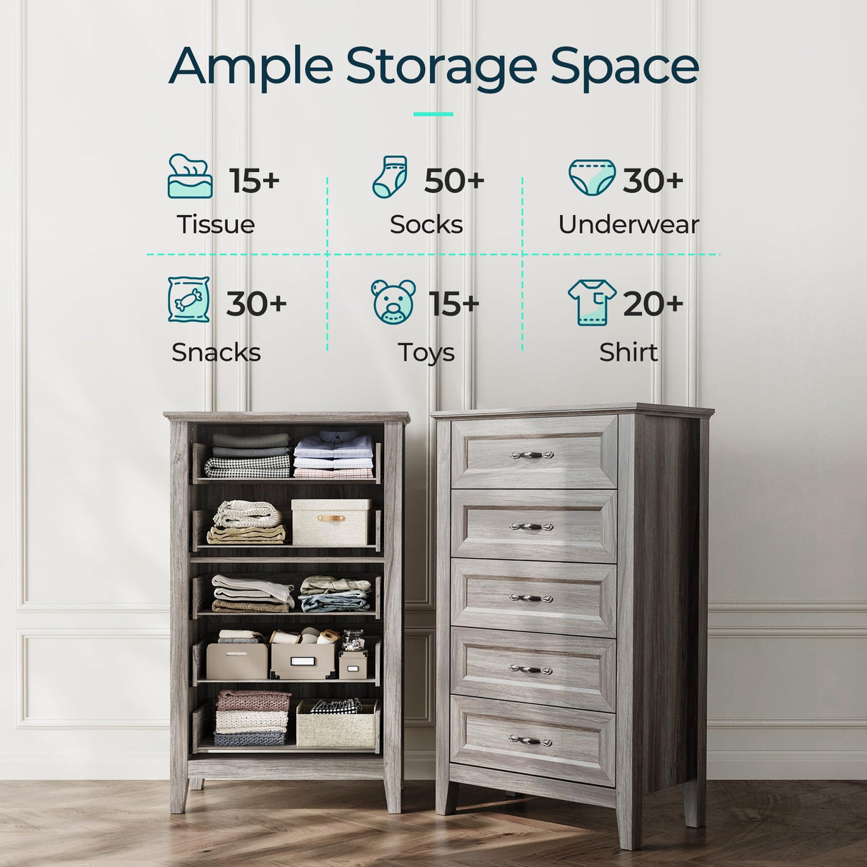 LINSY HOME Farmhouse 5-Drawer Dresser - Grey Chest of Drawers for Bedroom and Living Room Organization, Wood Dresser with Ample Storage Space and Rustic Charm LINSY HOME