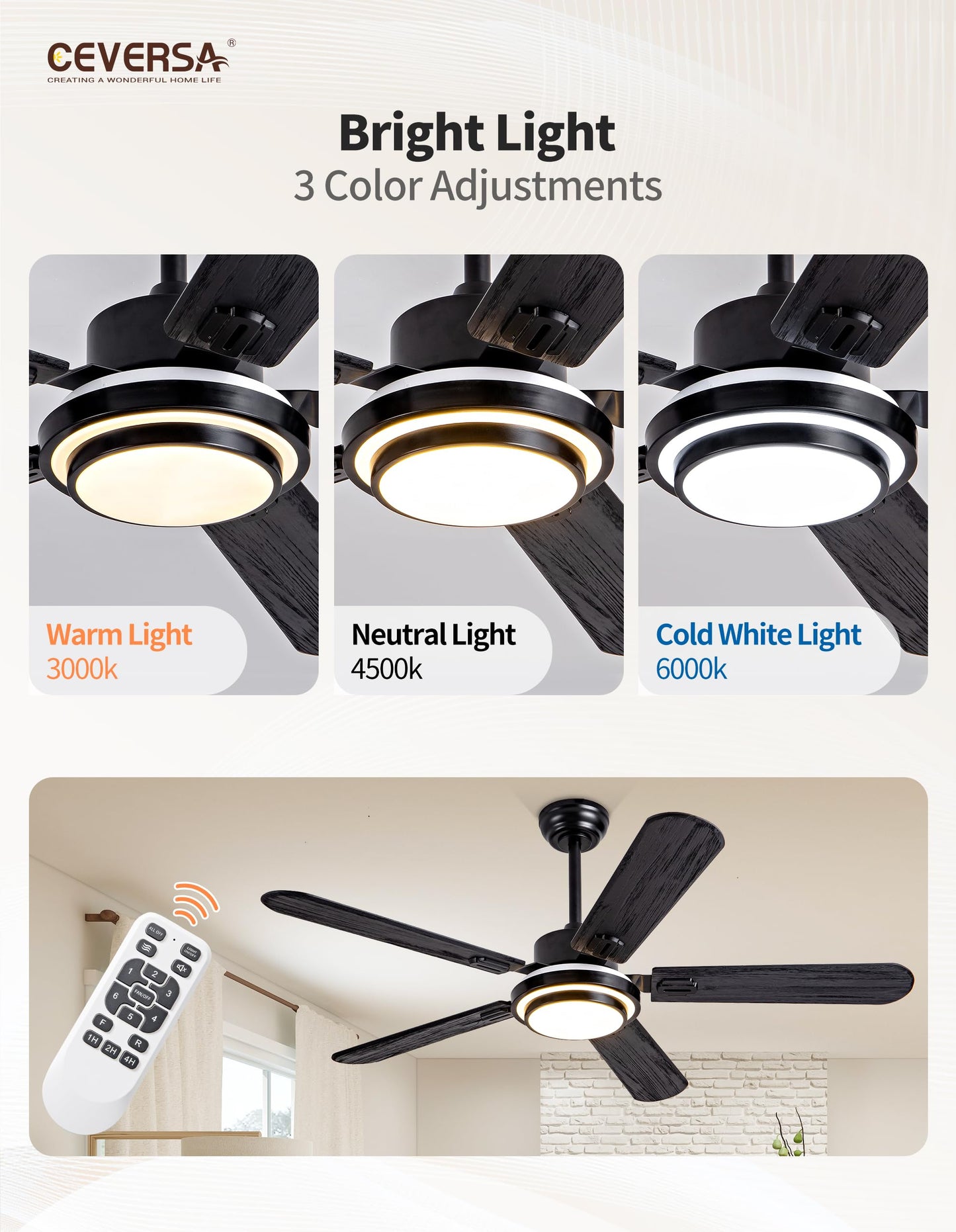 Ceversa 52 Inch Black Ceiling Fans with Lights Remote Control, 5 Blades Thin Solid Wood Ceiling Fans for Bedroom,Living Room,Dining Room,Patio,Farmhouse