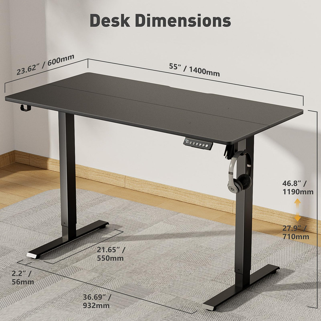 VVENACE 55 Inch Electric Standing Desk Adjustable Height with Wheels,Sit Stand Up Desk,Home Office Desk,Computer Workstation Desk,Gaming Desk,Rolling Desk,Work Desk (Spliced Desktop,Black) VVENACE