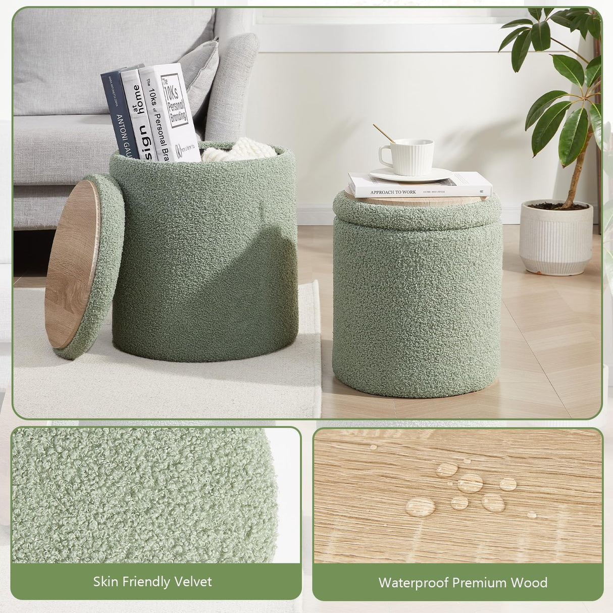 Royal Windsor Boucle Round Ottoman with Storage Set of 2,Small Foot Stool Ottoman for Living Room, Ottoman Coffee Table,Vanity Stool with Storage for Bedroom, Green Royal Windsor