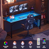 Hyomdeck Computer Desk with USB Power Outlets and LED Lights,55 inch Gaming Desk with Monitor Stand for Small Space Home Office, Modern Simple Study Writing Table PC Desks, Black Hyomdeck