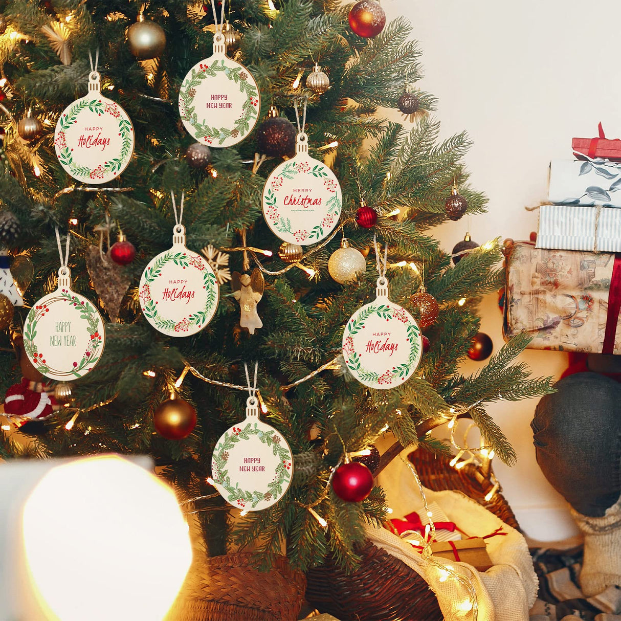 Blulu 60 Pieces Christmas Wooden Ornaments Round Wood Slices Snowflake Angel Shape with Cords for DIY Crafts New Year Christmas Tree Pendant Ornaments Blulu