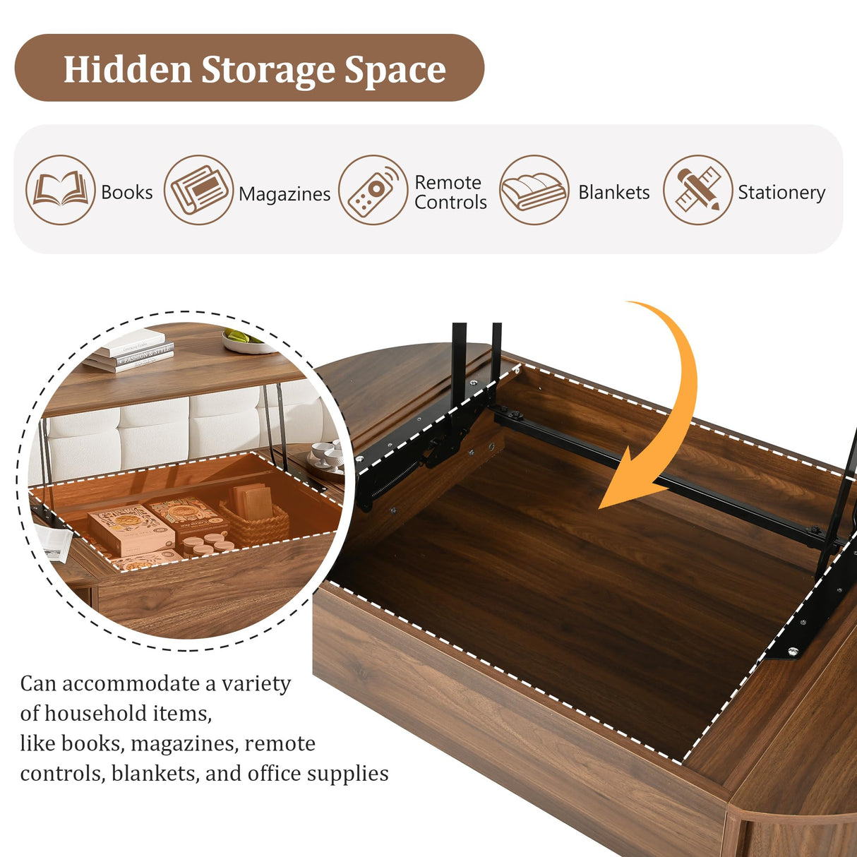 Merax 47.2'' Lift Top Oval Coffee Table with Hidden Storage Compartment, Modern Wooden Center Table with Oval Lift Tabletop for Home Living Room, Brown Merax