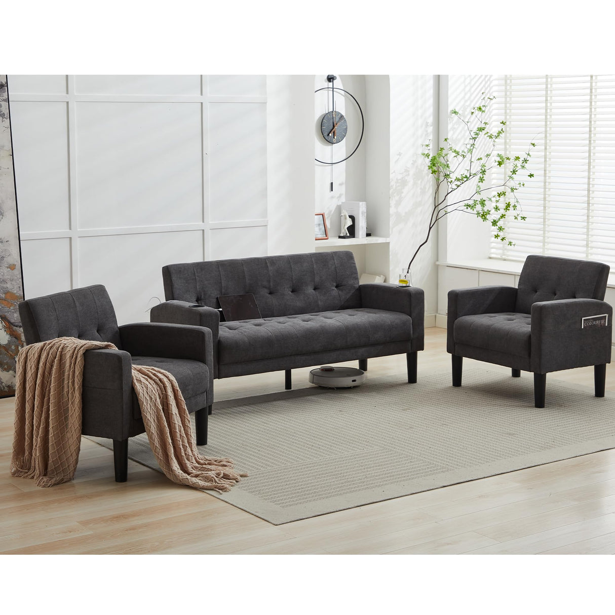TYBOATLE Sofa Couch, Living Room Furniture Sectional Sofa Sets of 3 Pcs, Tufted Mid-Century Loveseat w/USB, Cupholders & Comfy Single Sofa for Small Space, Apartment, Office (Dark Grey) TYBOATLE