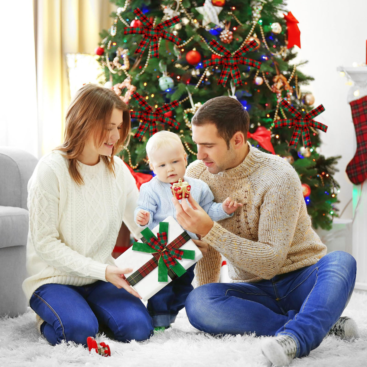 Whaline 10 Rolls 50 Yards Christmas Burlap Ribbon Rolls 1 Inch Wired Plaid Wrapping Ribbons Xmas Decorative Ribbon for Wreath Bow Gift Decor Whaline