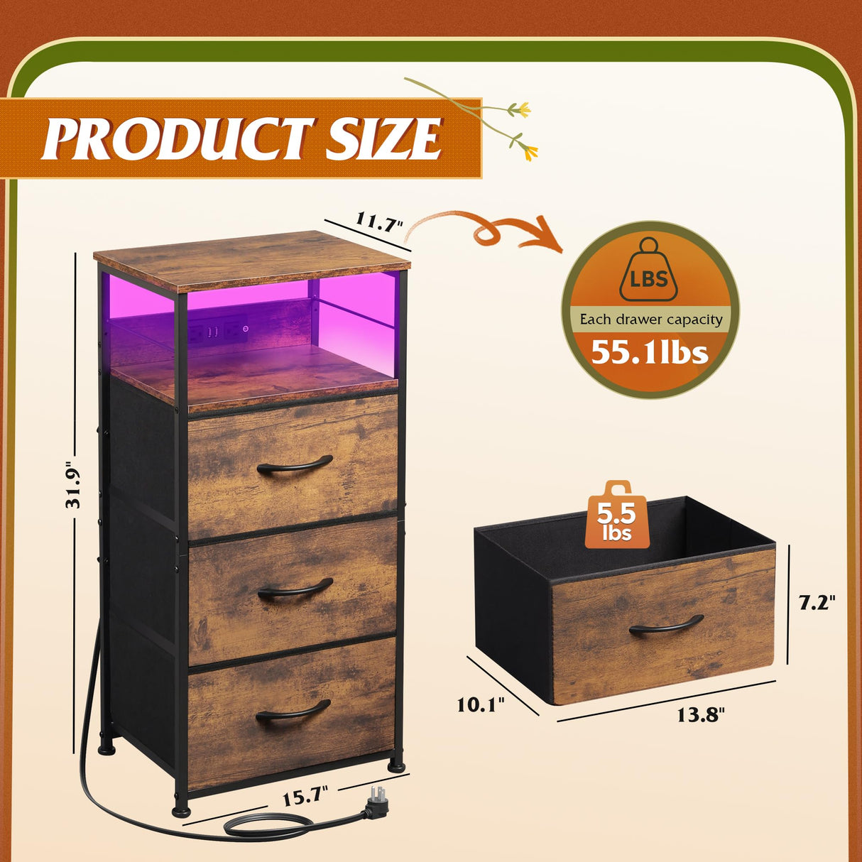 WLIVE Nightstand with Charging Station, LED Night Stand with 3 Fabric Drawers and Storage Shelf, 31.93" H Bedside Table with USB Ports and Outlets for Bedroom, Rustic Brown WLIVE