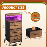 WLIVE Nightstand with Charging Station, LED Night Stand with 3 Fabric Drawers and Storage Shelf, 31.93" H Bedside Table with USB Ports and Outlets for Bedroom, Rustic Brown WLIVE