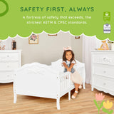 SweetPea Baby Rose 3-in-1 Convertible Toddler Bed in White, Greenguard Gold Certified, JPMA Certified, Safety Rails, Made of Sustainable New Zealand Pinewood Sweetpea Baby