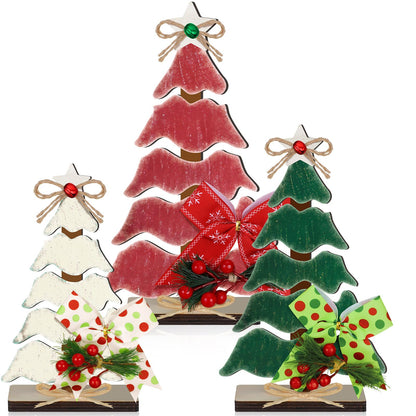 CroBlissful 3 Pcs Wooden Christmas Tree Tabletop Decorations Christmas Centerpieces for Table Rustic Xmas Tiered Tray Decor Christmas Table Sign Freestanding with Hemp Rope Bow Bell for Holiday Party