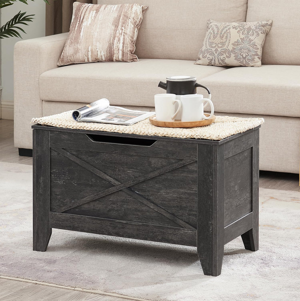 VECELO 30" Storage Chest with Lift Top Storage, Farmhouse Style Ottoman with Handwoven Wicker Cushion, Safety Hinges, Ideal for Entryway, Bedroom, Living Room, Coal Gray VECELO