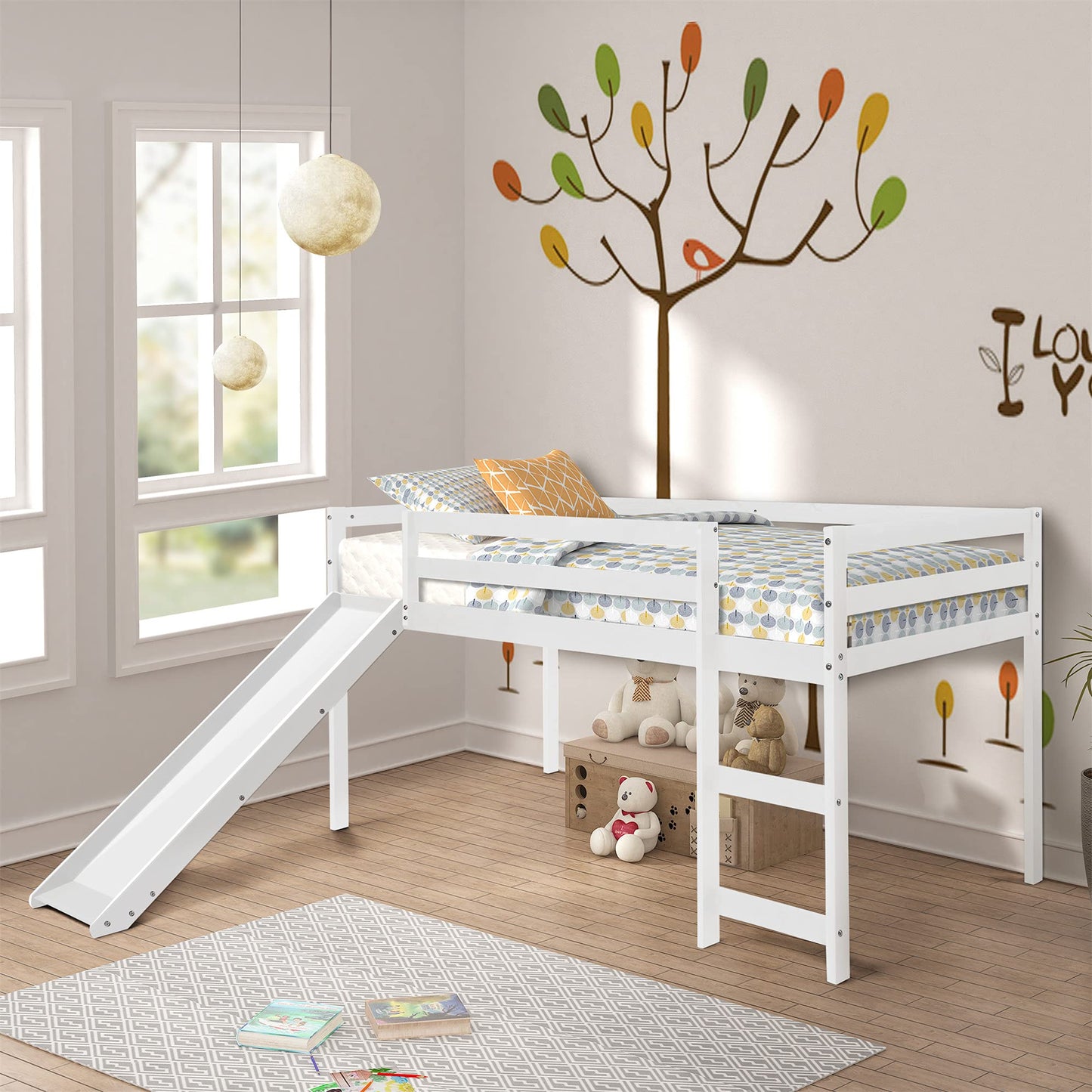 Harper & Bright Designs Kids Low Loft Bed with Slide, Twin Size Wooden Loft Bed Frame, White