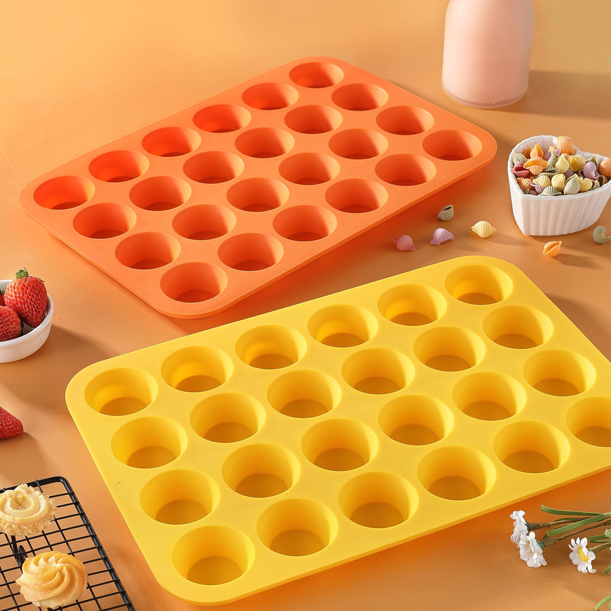 2PCS Silicone Mini Muffin Cupcake Pan, Kaloo Nonstick 24 Cups Silicone Muffin Pans for Baking, Great for Muffin, Cakes, Tart, Bread, Dishwasher Safe (Stylish Orange + Yellow, 24 Cups Each) KL KALOO