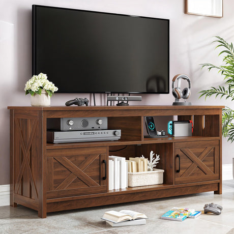 YITAHOME TV Stand for 65/55 Inch Television, Farmhouse Entertainment Center Television Stand with Power Outlets and Open Shelf, Media Console TV Cabinet for Living Room, Walnut YITAHOME