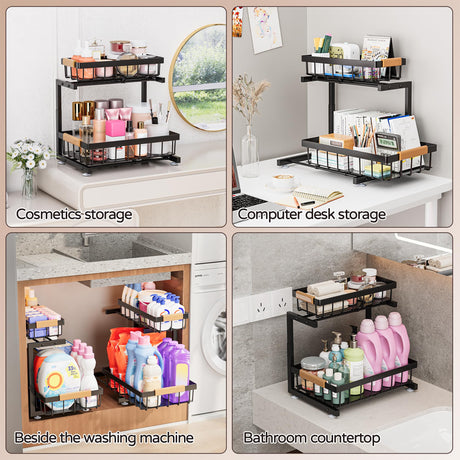 ADBIU Under Sink Organizer, 2 Pack 2 Tier Expandable Height (13.2" - 17.2") Pulling Out Kitchen Bathroom Cabinet Organizers ADBIU