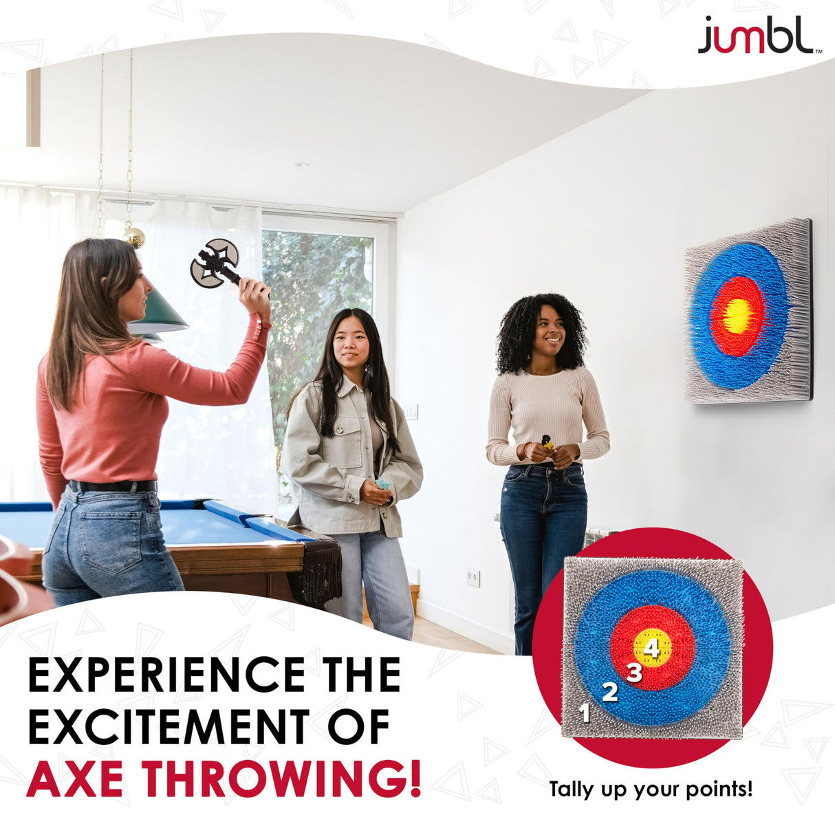 Jumbl Wall-Mounted Axe Throwing Game Set – Bristle Target with Foam Axes for Bars, Basements, and Playrooms | Indoor Safe Play for Adults & Kids, Fun Wall Decor for Boys Rooms & Game Rooms Jumbl