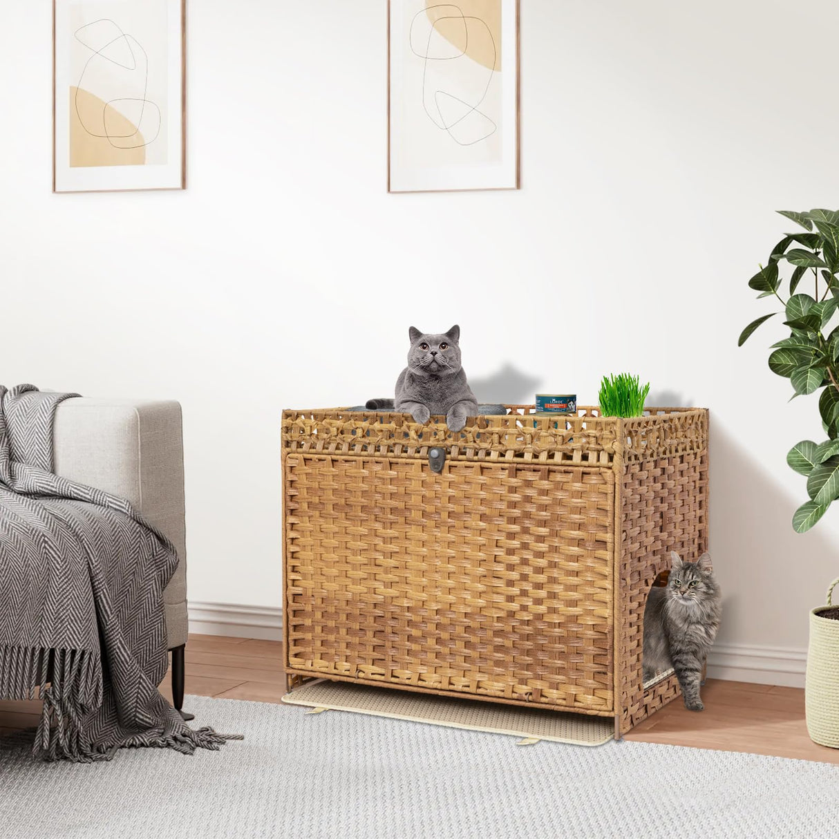 Cat Litter Box Enclosure Furniture Hidden with Soft Mat,Handwoven Rattan Cat House with Door for Large Cats Stylish Hidden Washroom Furniture for Living Room, Bedroom, or Balcony,Natural KOUSEI