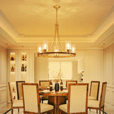 WUZUPS 5-Light Wagon Wheel Chandelier Rustic Farmhouse Industrial Round Pendant Light Fixture with Clear Seeded Glass Shades for Dining Room Kitchen Island, Imitation Wood Grain Nickel WUZUPS