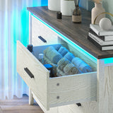 TVU Farmhouse 6 Drawers Wood Dresser with LED, Storage Dresser for Bedroom, Wide Chest of Drawer with Metal Handles TVU