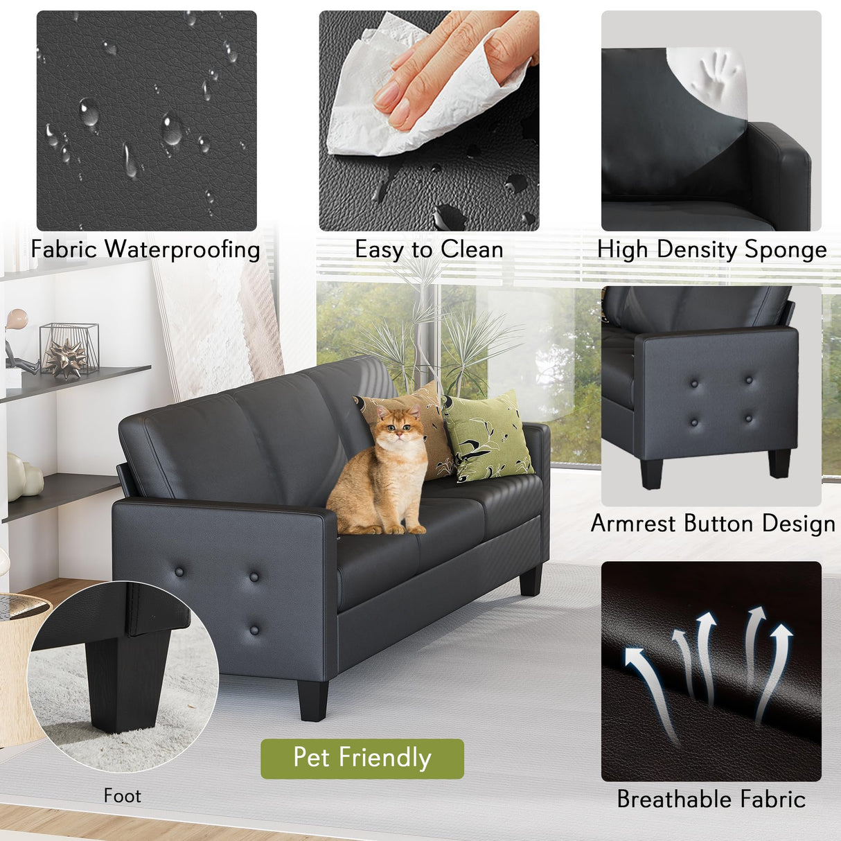 STHOUYN 73” Black Faux Leather Sofa Couch, Modern Comfy Office 3 Seater Couch Loveseat with USB and Tufted Armrest, Small Love Seat Couches for Living Room, Bedroom, Apartment STHOUYN