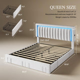 YITAHOME Queen Size Bed Frame with Adjustable Headboard, 4 Storage Drawers and RGB LED Lights, Velvet Upholstered Platform Bed with USB Ports, No Box Spring Needed, Fast Assembly, Noise-Free, White YITAHOME