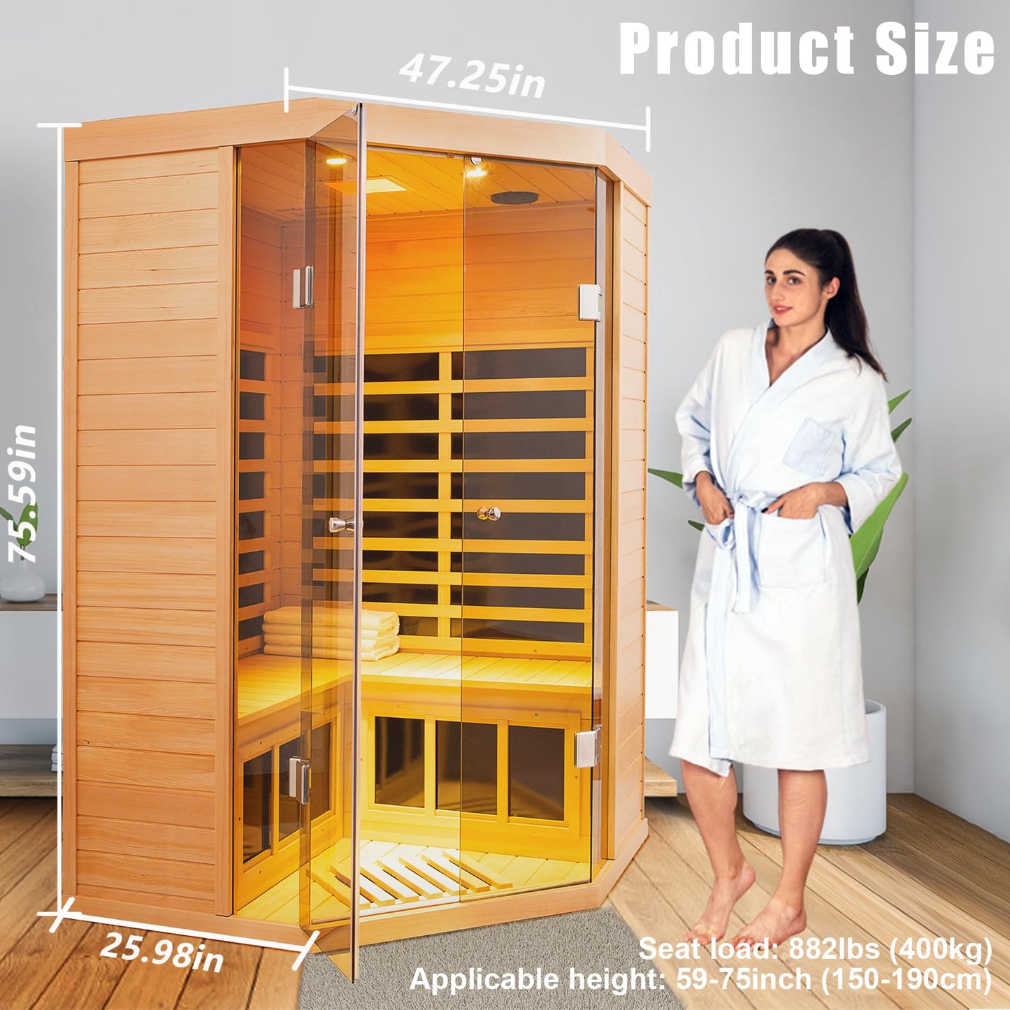 2 Person Far Infrared Sauna Low EMF 7 Heating Panel 1520W Indoor Sauna Canadian Hemlock Wood Sauna for Home with Control Panel Bluetooth Speakers Chromotherapy Lights Reading Lamp Tempered Glass Door