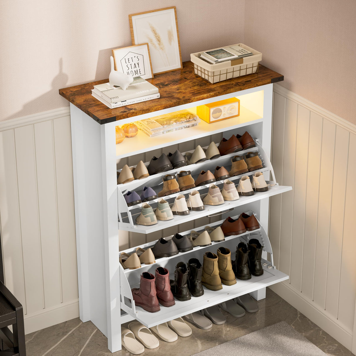 MU Shoe Cabinet with 2 Flip Drawers & Open Storage Space, Entryway Shoe Storage Cabinet with LED Light, Hidden Shoe Organizer for Entryway, White MU