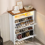 MU Shoe Cabinet with 2 Flip Drawers & Open Storage Space, Entryway Shoe Storage Cabinet with LED Light, Hidden Shoe Organizer for Entryway, White MU