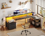 ODK 75" Reversible L Shaped Desk with LED Lighting, Power Outlet, and Ample Storage Solutions in Black ODK