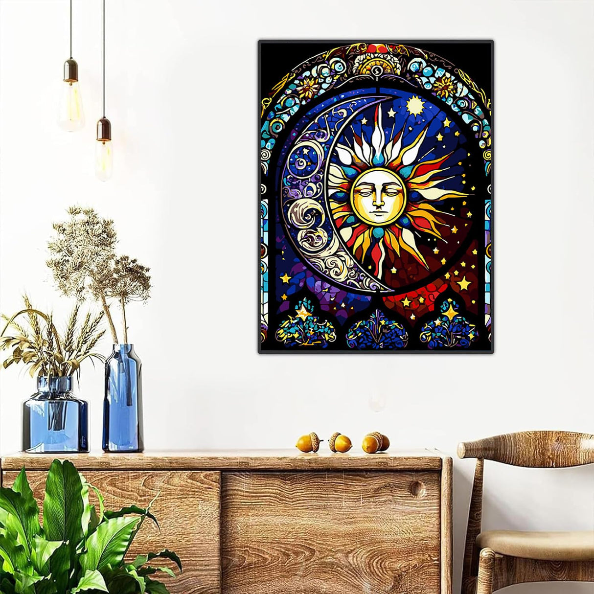 Paint by Numbers Kit for Adults,Stained Glass Paint by Numbers Kit for Beginner Sun Moon Paint by Numbers Kits for Home Table and Gift for Wall Decor 12x16 inch Framed and Easel Meothan