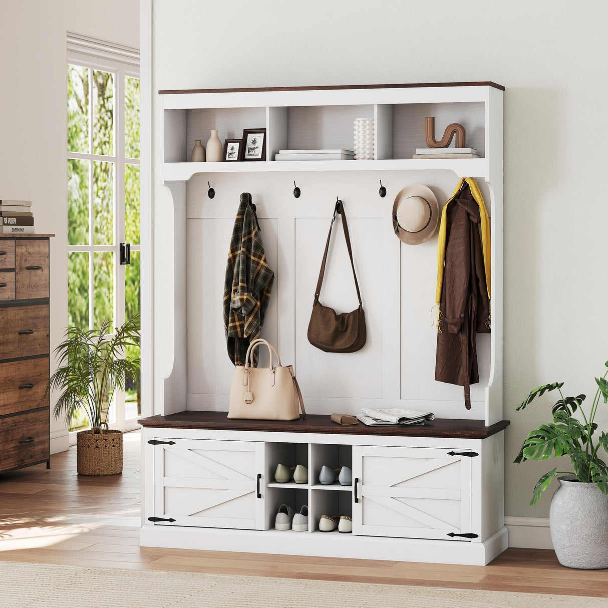 HOMCOM 3-in-1 Hall Tree with Shoe Storage, Standing Coat Rack with Shoe Bench, Entryway Furniture with Seven Hooks, White Wood Grain HOMCOM