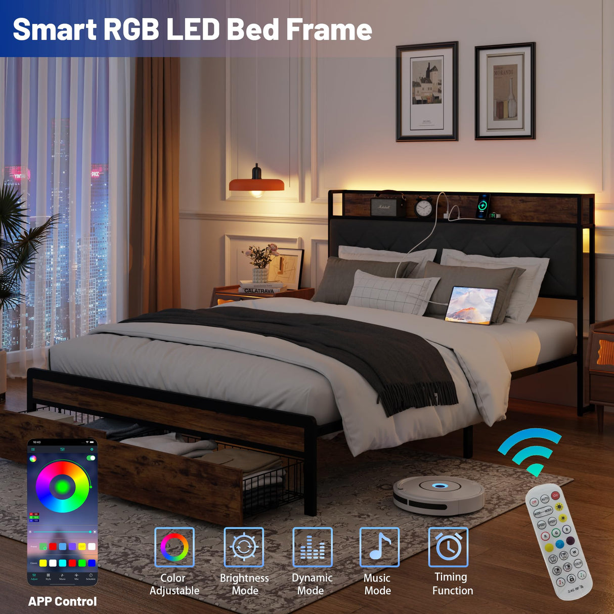 LUBEDCY Full Size Metal Platform Bed Frame with Velvet Button-Tufted Headboard, 2 Storage Drawers, LED Light & USB Charging Port, Heavy Duty, Brown Wooden Panel, No Box Spring Needed (Brown, Full) LUBEDCY