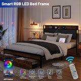 LUBEDCY Full Size Metal Platform Bed Frame with Velvet Button-Tufted Headboard, 2 Storage Drawers, LED Light & USB Charging Port, Heavy Duty, Brown Wooden Panel, No Box Spring Needed (Brown, Full) LUBEDCY