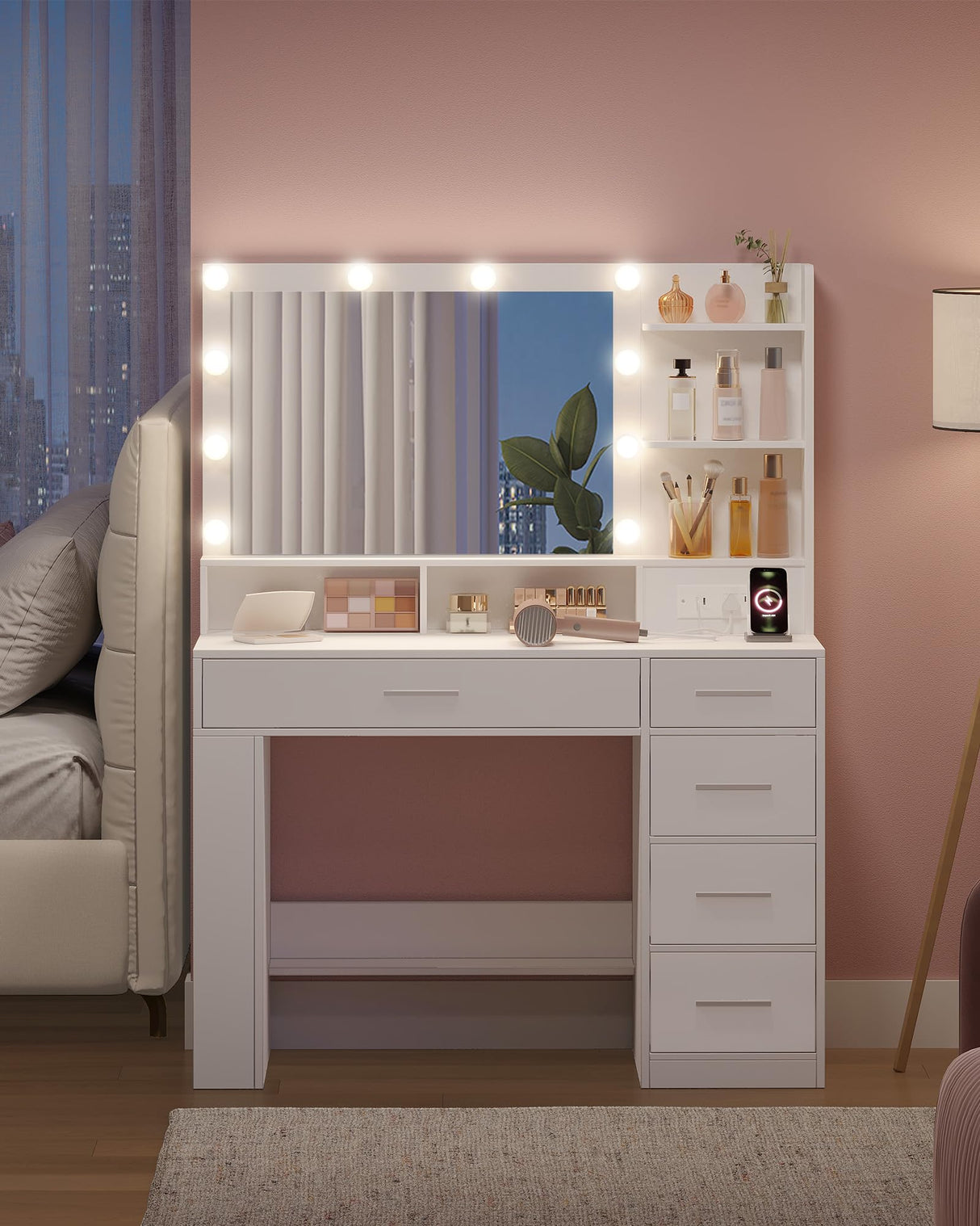 HILINSIE Vanity Desk with Large HD Mirror, Makeup Vanity with Led Lights, Dressing Table with Power Strip, 6 Storage Shelves, 5 Drawers and Side Open Storage, Simple, White HILINSIE
